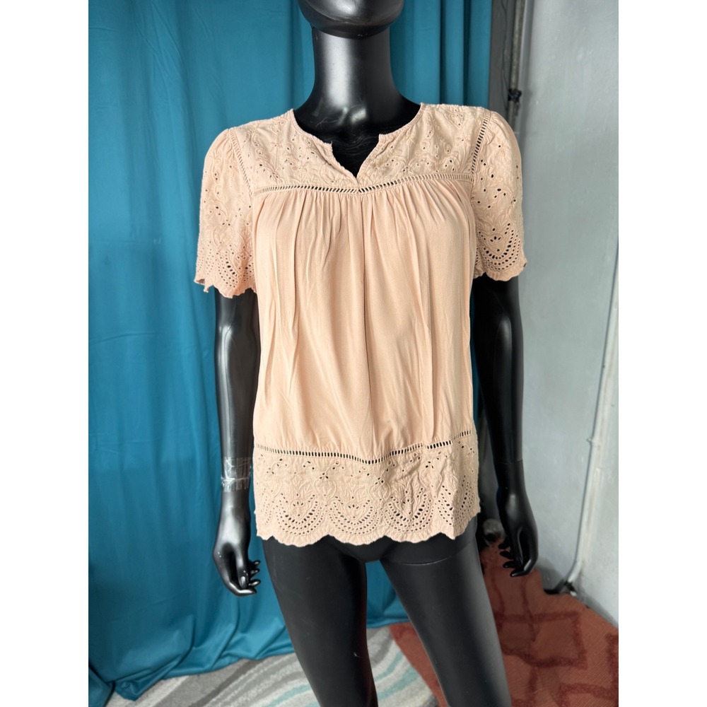 My Danielle Womens Top Small Pink‎ Short Sleeve Eyelet Boho Blouse